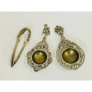 Stunning Antique Italy Brass Italy Cherubs, Lion Tea Strainer Set